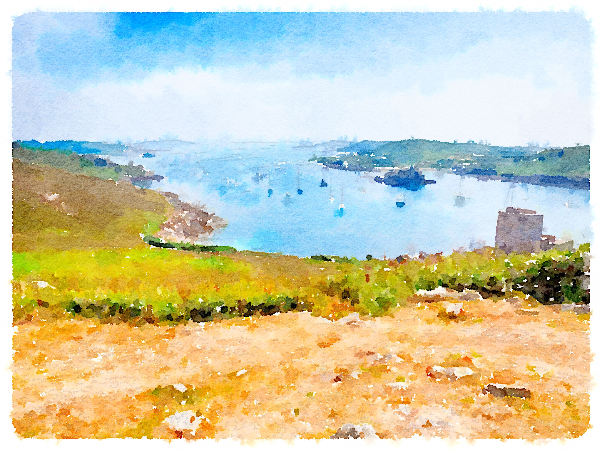 View from King Charles Castle over to Bryher showing Cromwell's Castle - Tresco