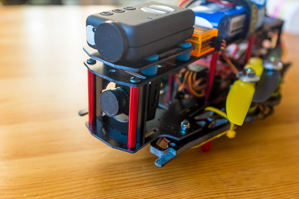 Showing mounting of FPV cam (mobius on top is for filming and still needs a strap Showing mounting of FPV cam (mobius on top is for filming and still needs a strap